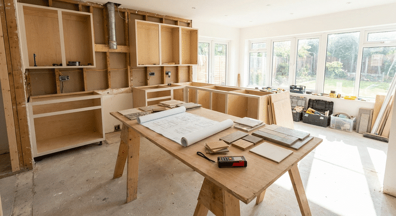 Modern kitchen renovation design process with layout plans and material samples